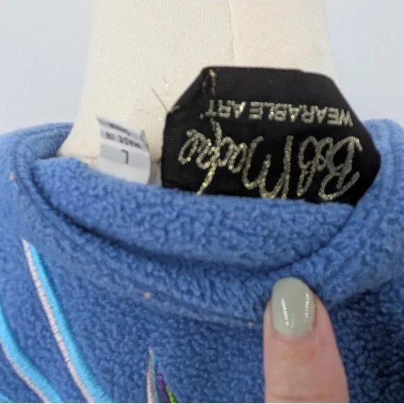 Boho Bob Mackie Wearable Art Peacock‎ Fleece Robe Sz. L Blue embroidered